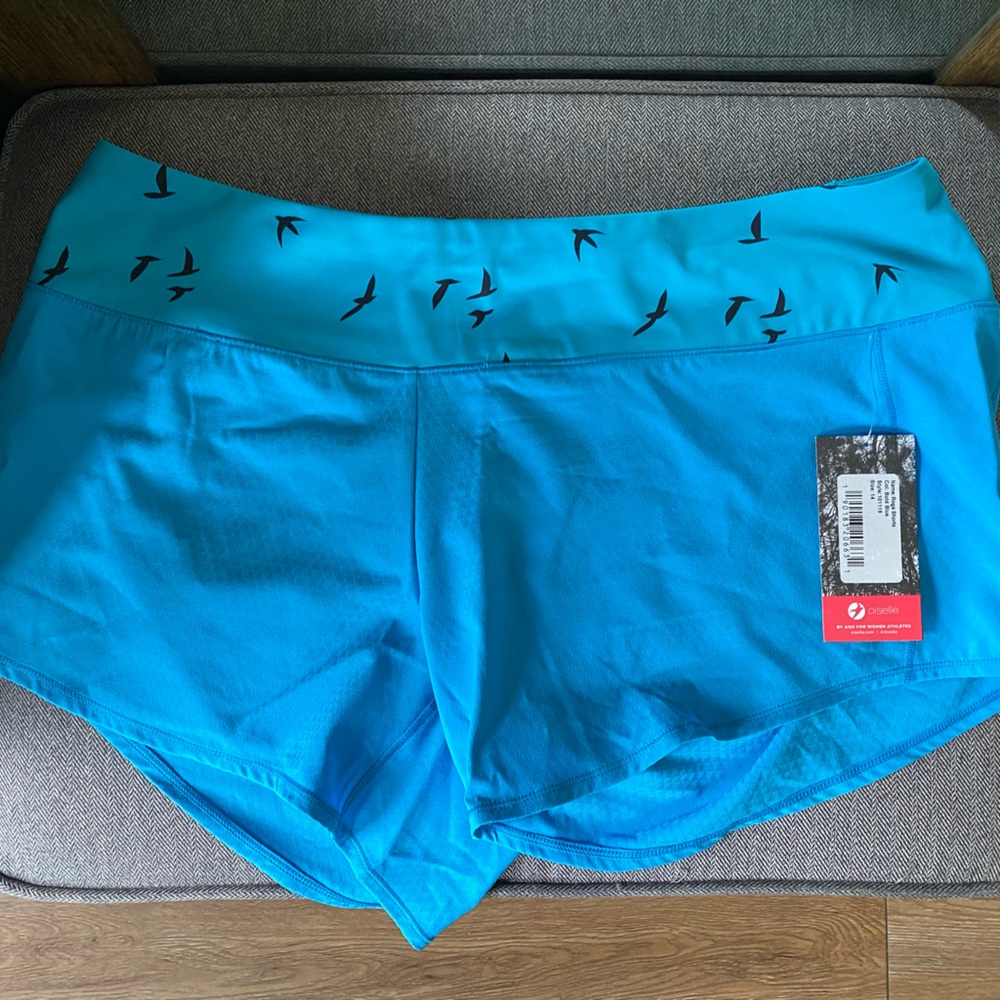 Oiselle Turquoise Blue Roga Running  Shorts with Bird Pattern Waistband NWT
